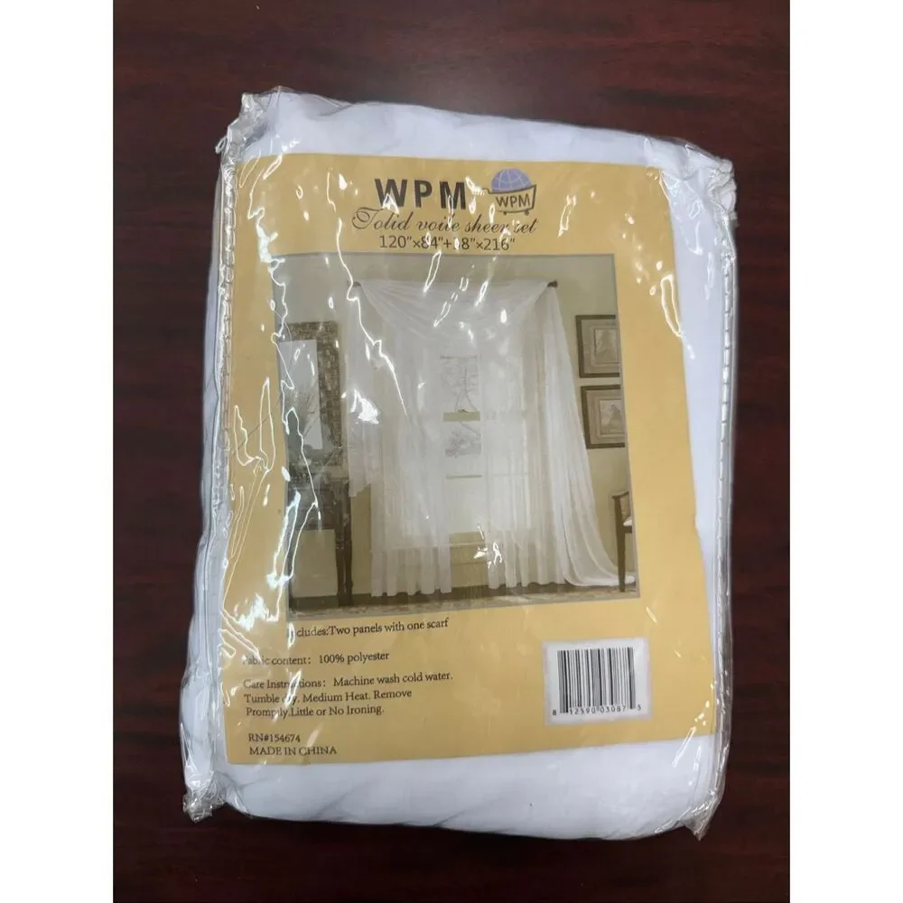NWT WPM White Voile Sheer Curtain and Scarf Set